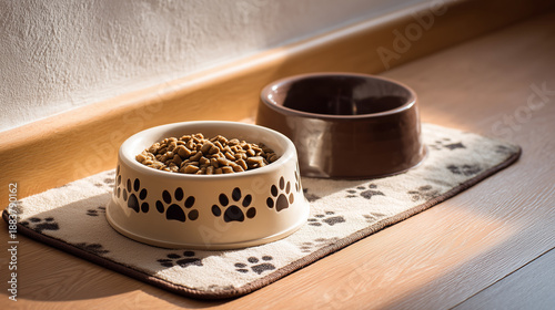 Pet food bowls with dry kibble