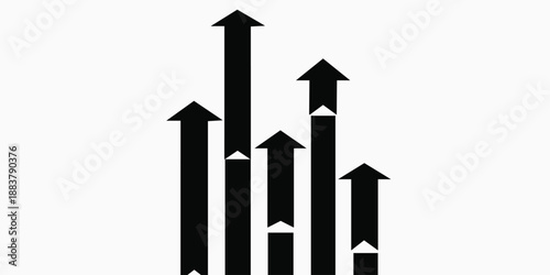 Tableau sur toile A minimalist black and white graphic illustration depicting five vertical bars of different heights, each culminating in an upward-pointing arrow, symbolizing growth, progress, and statistical trends