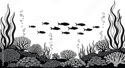 Underwater coral reef scene with swimming fish silhouettes, sea plants, bubbles, and marine life, detailed black and white ocean illustration for aquatic nature and wildlife themes