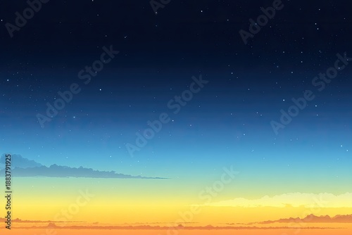 Gradient sky with stars; transitions from orange to yellow, blue, and navy. Scattered clouds visible