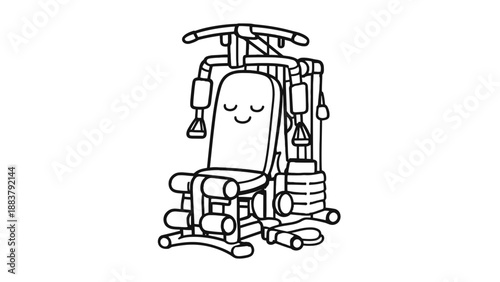 A cartoon exercise machine with a smiling face in a gym setting