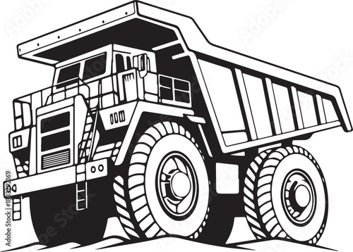 Black and White Vector Illustration of Giant Mining Dump Truck