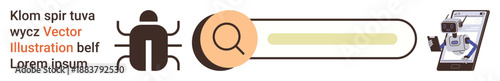 Cybersecurity, malware detection, bug fixing, data analysis, internet safety, technology tools. Icon of a bug, search bar and a smartphone with scanning graphics. Cybersecurity and malware detection