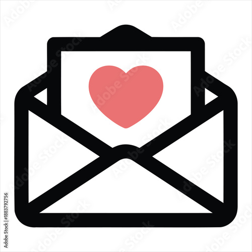 a black envelope icon with a pink heart symbol inside simple design