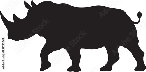 Black Rhinoceros Silhouette Walking Isolated on White Background