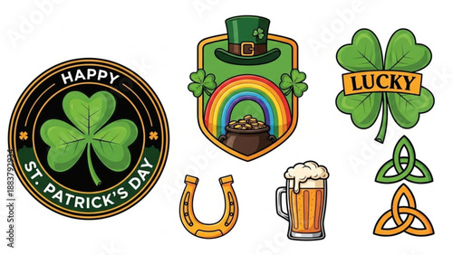 St Patricks Day icons including shamrock leprechaun hat with pot of gold and rainbow horseshoe and beer mug perfect for holiday celebrations and design