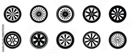 Tire vector collection with black rubber tyres, car tread tracks, motorcycle racing wheels, and road marks, suitable for automotive design, transport graphics, and vehicle maintenance illustrations.
