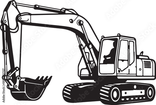 Heavy Equipment Excavator Digger Illustration Line Art on White
