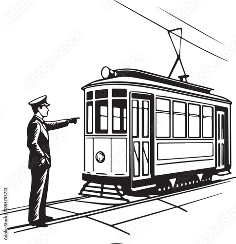 Black and white illustration of old fashioned tram and uniformed driver.