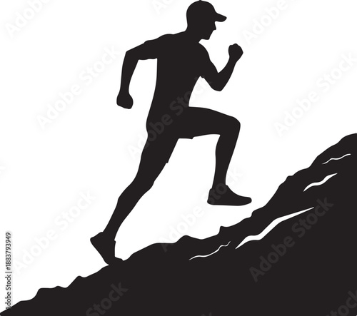 Man Trail Running Uphill Silhouette Against White Background