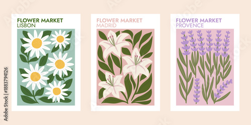 European flower market poster collection with modern botanical illustrations. Flower market city poster set inspired by botanical art