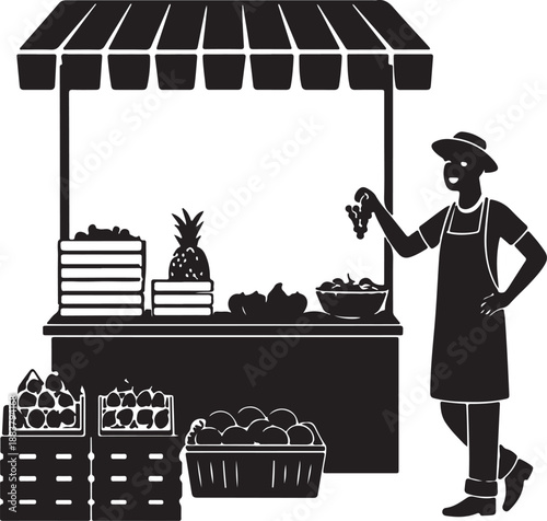 Black Silhouette Icon of Fruit Seller at Farmers Market Stall