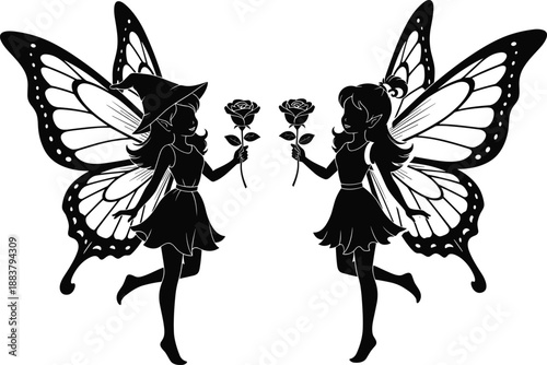 Vector black silhouettes of two cute fairies with butterfly wings holding rose flowers including one with witch hat for fantasy magic design concepts
