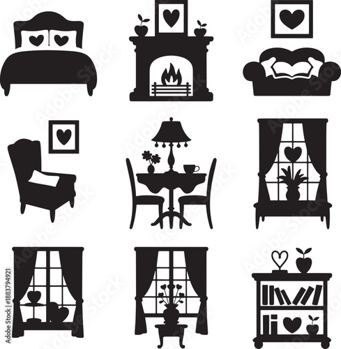 Interior domestic furniture silhouettes collection featuring bedroom living room dining area and window views
