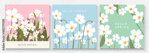 set of spring poster holiday in modern art style. Greeting cards with  flowers in pastel colors and trendy typography.Abstract floral background for Mother's Day, Women's Day March 8, birthday, Easter