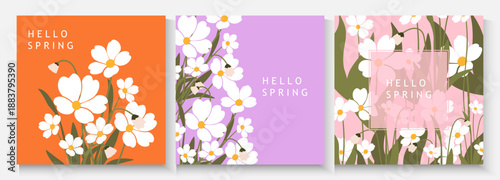 set of spring poster holiday in modern art style. Greeting cards with  flowers in pastel colors and trendy typography.Abstract floral background for Mother's Day, Women's Day March 8, birthday, Easter