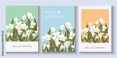 set of spring poster holiday in modern art style. Greeting cards with  flowers in pastel colors and trendy typography.Abstract floral background for Mother's Day, Women's Day March 8, birthday, Easter