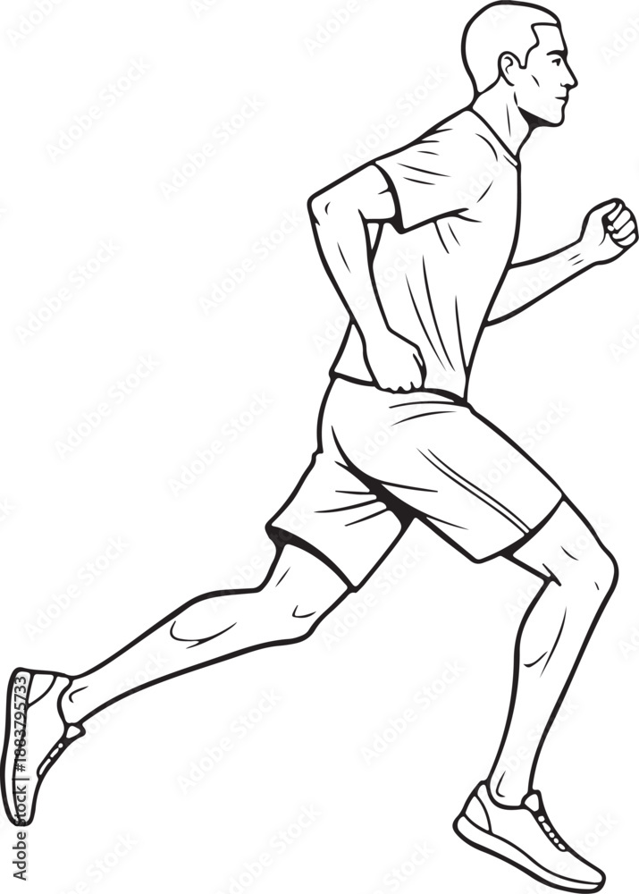 Fototapeta premium Male runner in motion, black line drawing isolated on white background.