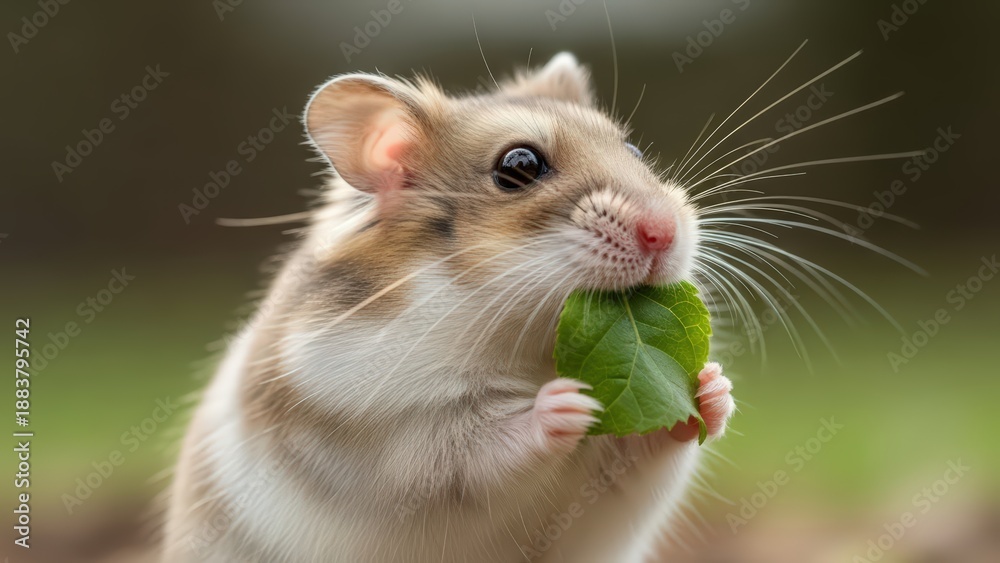Obraz premium Close-up of a cute fluffy hamster with brown and white fur holding a small green leaf in its paws and eating it outdoors.