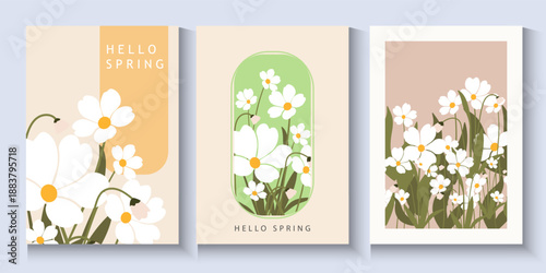 set of spring poster holiday in modern art style. Greeting cards with  flowers in pastel colors and trendy typography.Abstract floral background for Mother's Day, Women's Day March 8, birthday, Easter