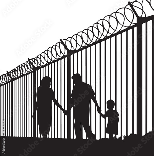 Family Silhouette Behind Razor Wire Fence - Border and Security Concept