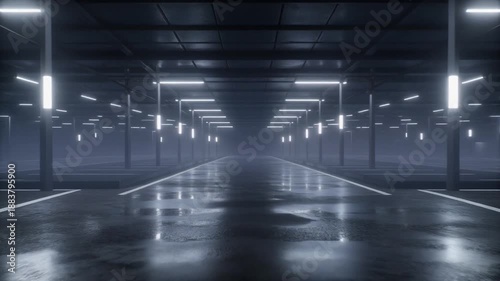 Wallpaper Mural Futuristic Empty Underground Parking Structure with Glowing Strip Lights and Wet Reflective Surface Torontodigital.ca