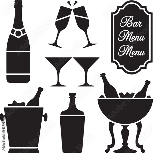 Set of alcohol beverage icons including champagne bottles glasses ice buckets for party or event service