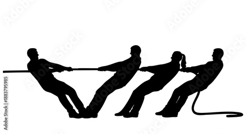 Four people pulling on a rope in silhouette teamwork and cooperation concept