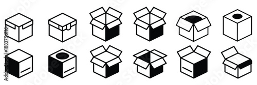 Carton box line icon set with empty and open shipping boxes, unboxing concept vector illustrations suitable for logistics, delivery, warehouse management, packaging design, and stock graphic use.