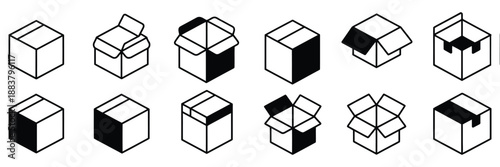 Box line icons set featuring empty open shipping boxes and unboxing concepts, carton box line art symbols ideal for packaging, delivery, logistics, storage, and stock vector illustration projects.