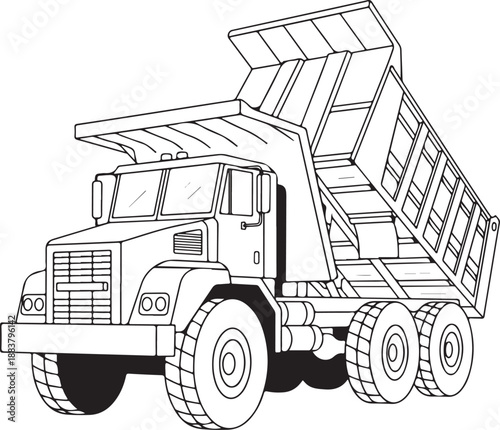 Heavy duty dump truck with raised skip, outline drawing for coloring book