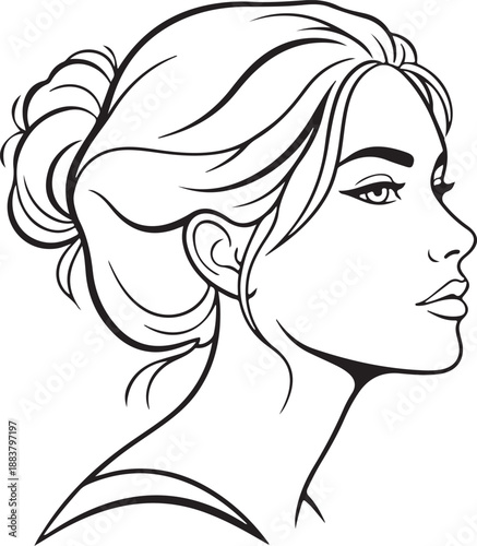 Woman's elegant profile drawing, monochrome outline with updo hairstyle