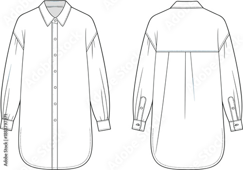 Long sleeve button-down shirt sketch, fashion flat design, technical garment illustration, tunic style, front and back view