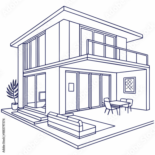 Modern two-story house with balcony and outdoor seating