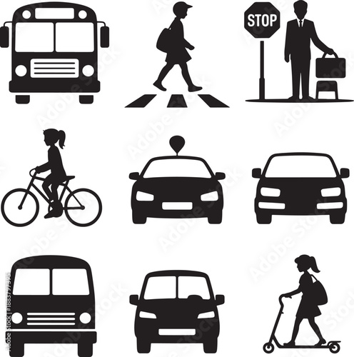 Traffic safety and school transportation silhouettes pedestrian crossing bicycles cars buses and stop sign icon