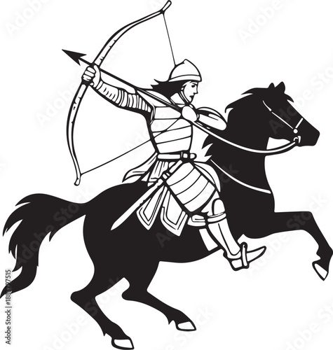 Historical Mounted Archer Warrior on Galloping Horse Black and White Icon