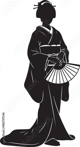 Elegant black silhouette of Japanese woman in kimono holding folding fan