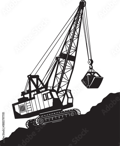 Heavy duty dragline excavator machine black and white graphic vector.