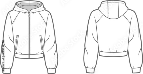 Technical fashion illustration of hooded jacket, front and back view, zipper pockets, drawstring hood, raglan sleeve design