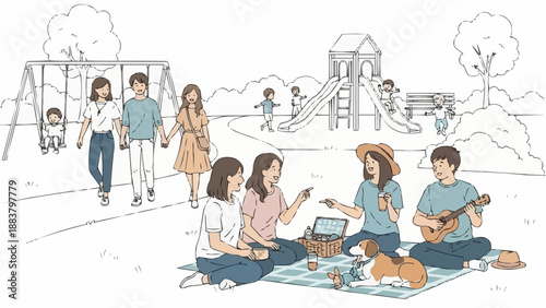 Friends enjoying a sunny day picnic in the park with playground in background.