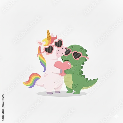 Cute Cartoon Unicorn and Dinosaur Hugging with Heart Sunglasses and Pink Heart Illustration Isolated on White Background