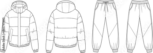 Technical fashion sketch, winter puffer jacket, jogger pants, garment design, apparel illustration, clothing blueprint, outerwear concept, textile