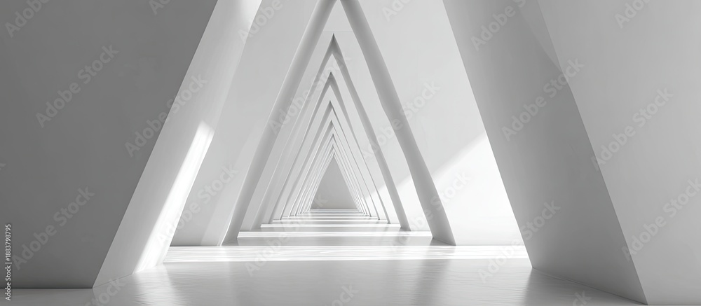 Fototapeta premium Long, minimalist corridor, geometric, with converging triangular shapes, white, bright lighting, abstract