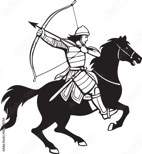Mounted Archer on Galloping Horse Aiming Bow and Arrow Black and White Illustration
