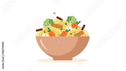 Bowl of Noodles with Vegetables and Chopsticks.
