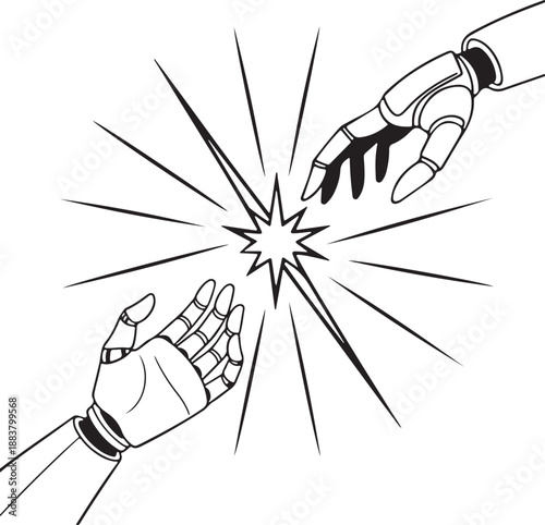 Robotic Hands Reaching for Spark: AI and Human Connection Concept Illustration
