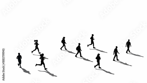 Group of people running in silhouette with shadows on white background.