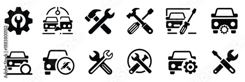Automotive service and car repair icon set showing tools, gear, engine, diagnostics, garage, and maintenance symbols, editable stroke vector style perfect for auto workshops, service centers