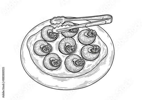 Vintage engraving style illustration of escargots in shells on a special plate with tongs representing classic French gastronomy