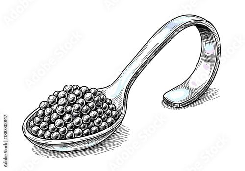 Silver spoon filled with black caviar isolated on white for luxury appetizer concept and gourmet delicacy